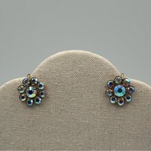 Blue AB Rhinestone Gold Tone Metal Flower Screw Back Earrings Vintage